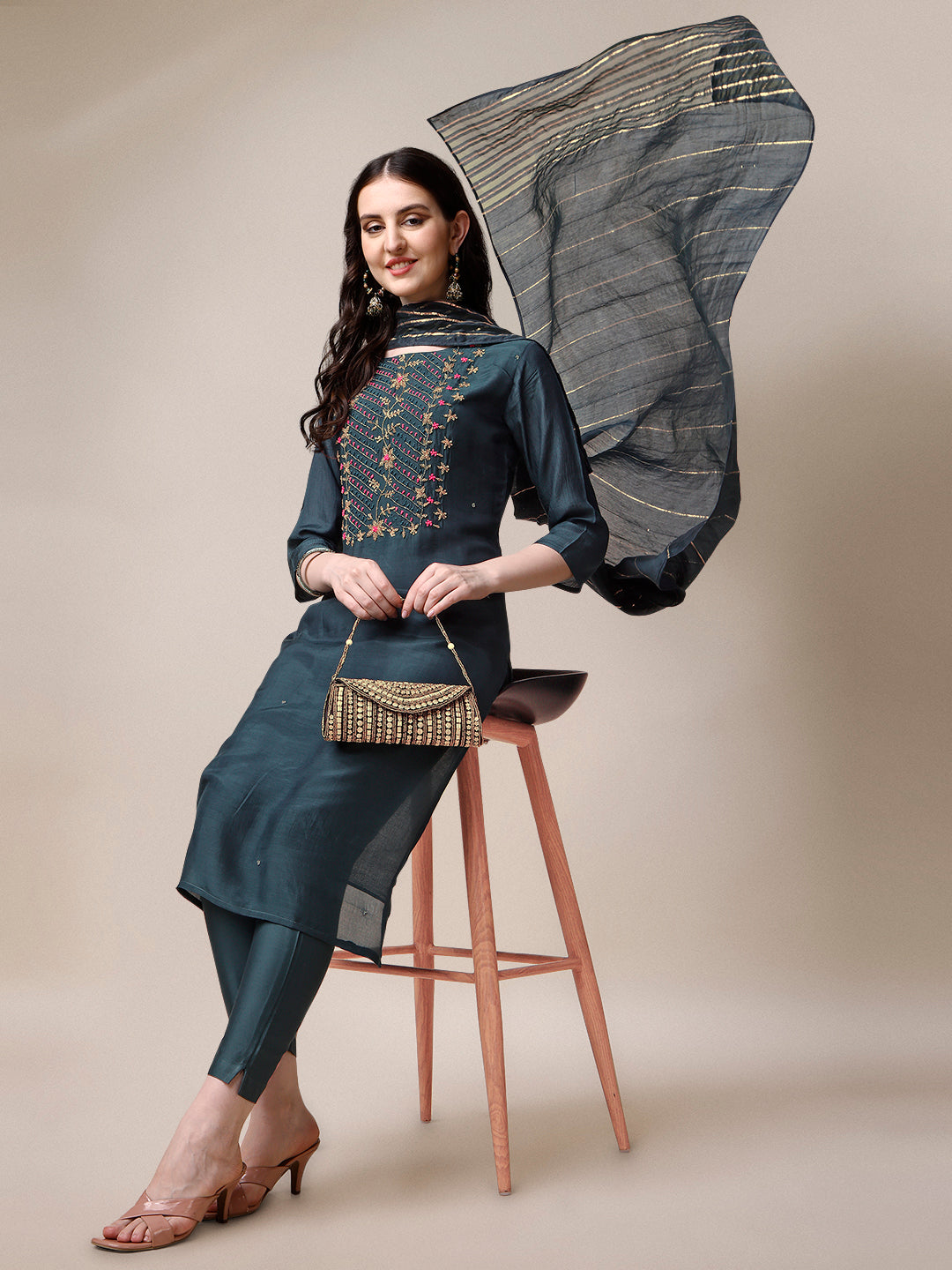 Embroidered Kurta With Pant & Dupatta Set, Multicolor - Hiral Fashion