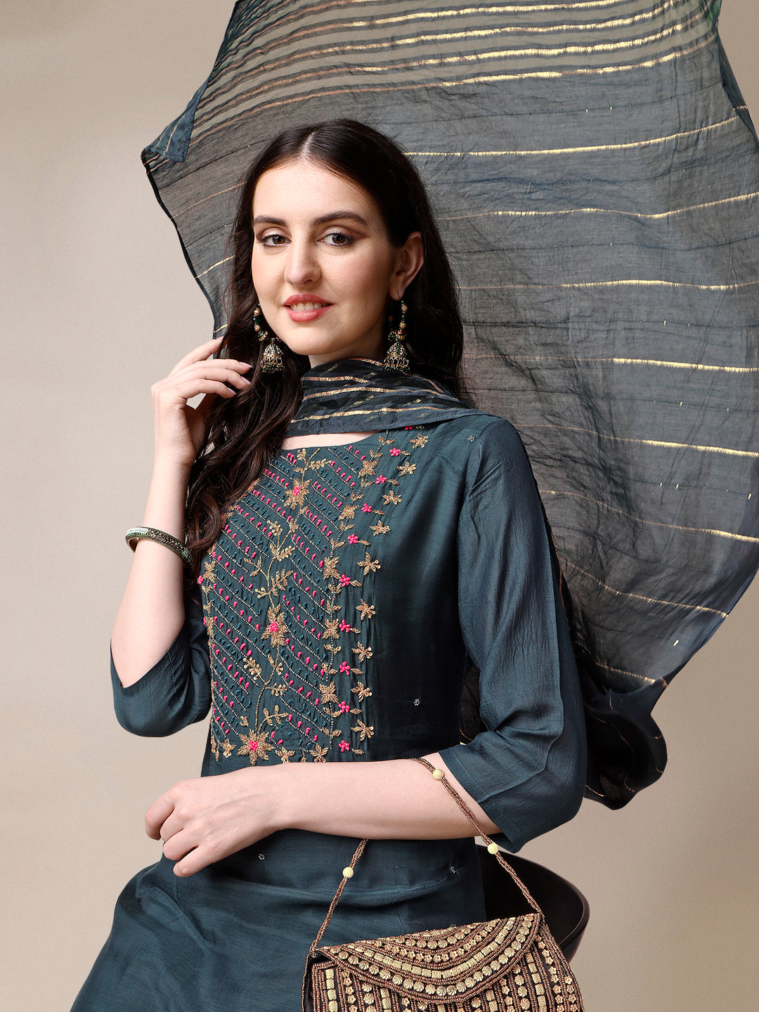Embroidered Kurta With Pant & Dupatta Set, Multicolor - Hiral Fashion