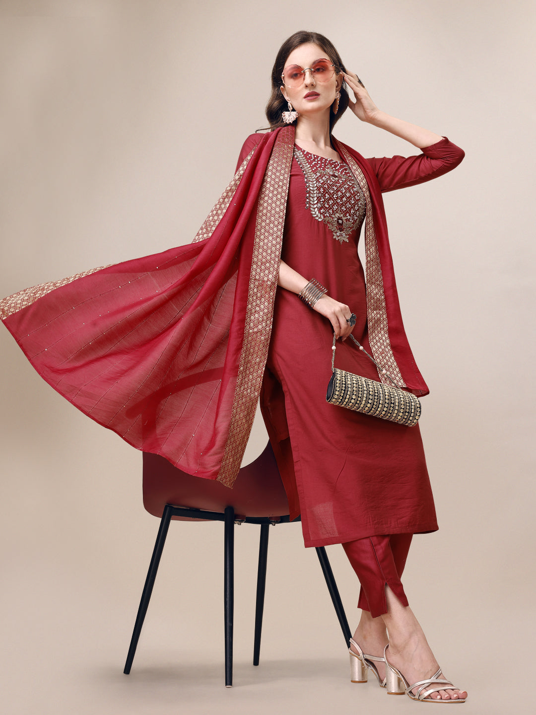Hand Embroidered Kurta With Pant & Dupatta Set, Multicolor - Hiral Fashion