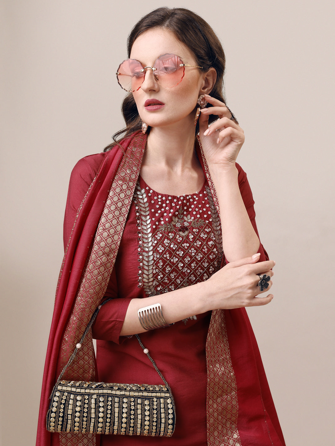 Hand Embroidered Kurta With Pant & Dupatta Set, Multicolor - Hiral Fashion