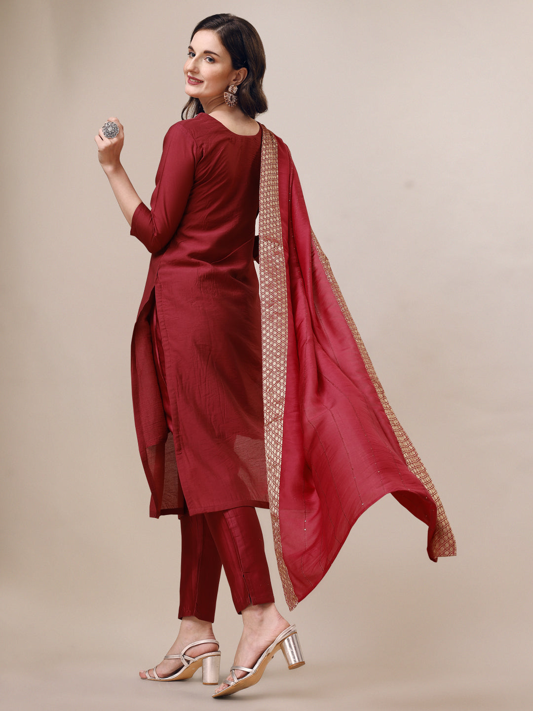 Hand Embroidered Kurta With Pant & Dupatta Set, Multicolor - Hiral Fashion