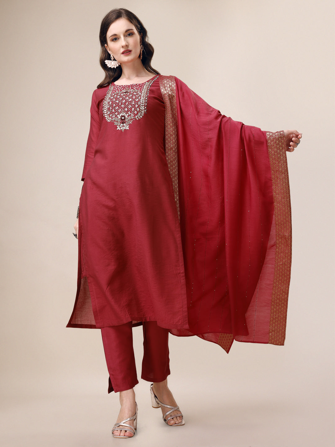 Hand Embroidered Kurta With Pant & Dupatta Set, Multicolor - Hiral Fashion
