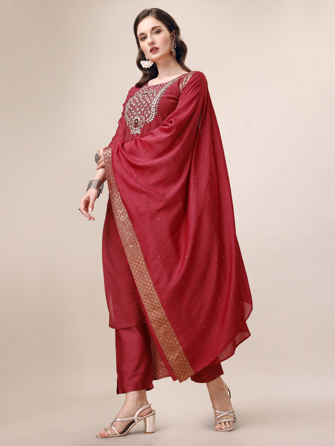 Hand Embroidered Kurta With Pant & Dupatta Set, Multicolor - Hiral Fashion