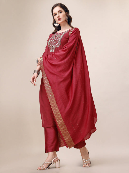 Hand Embroidered Kurta With Pant & Dupatta Set, Multicolor - Hiral Fashion