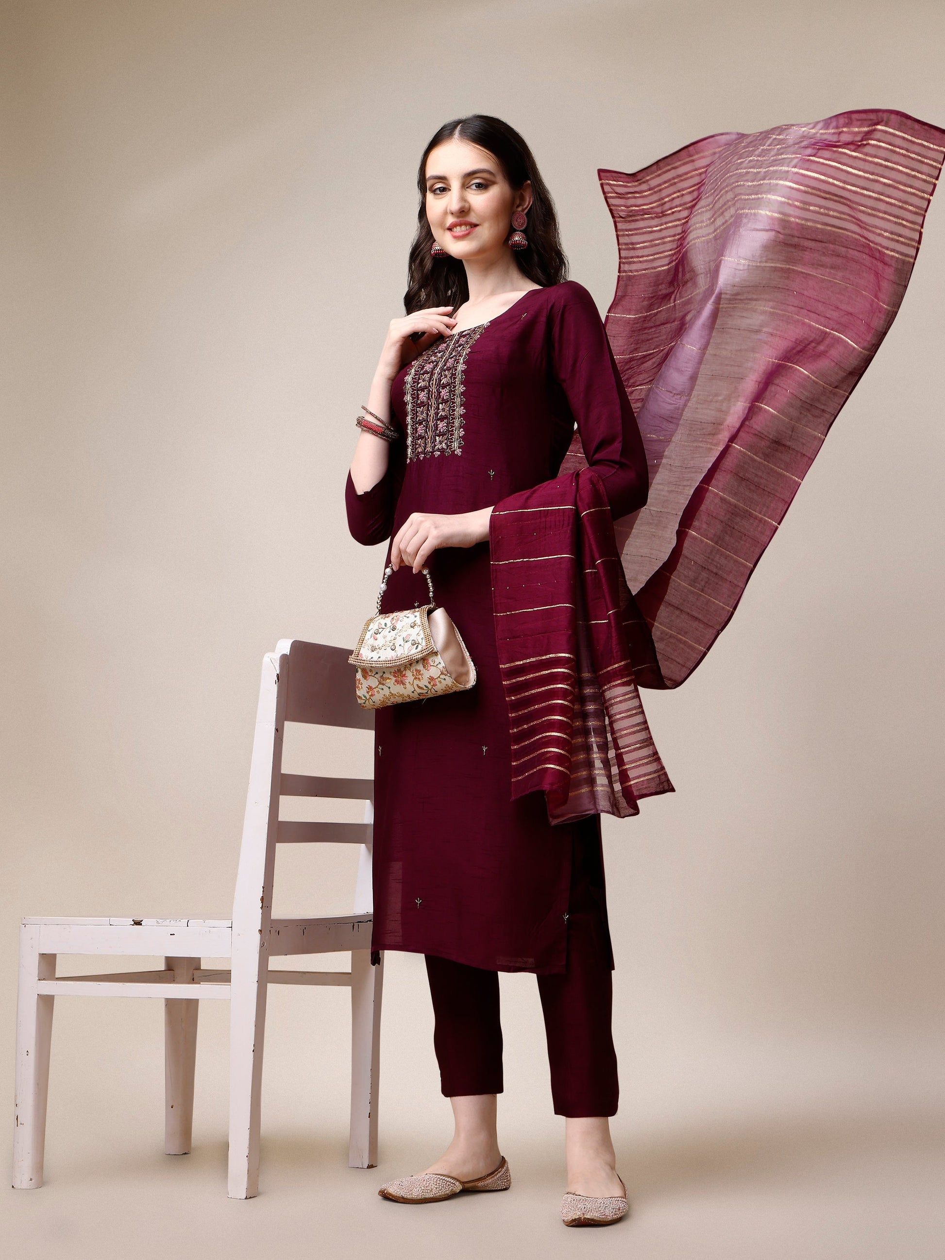 Embroidered Kurta With Pant & Dupatta Set, Multicolor - Hiral Fashion