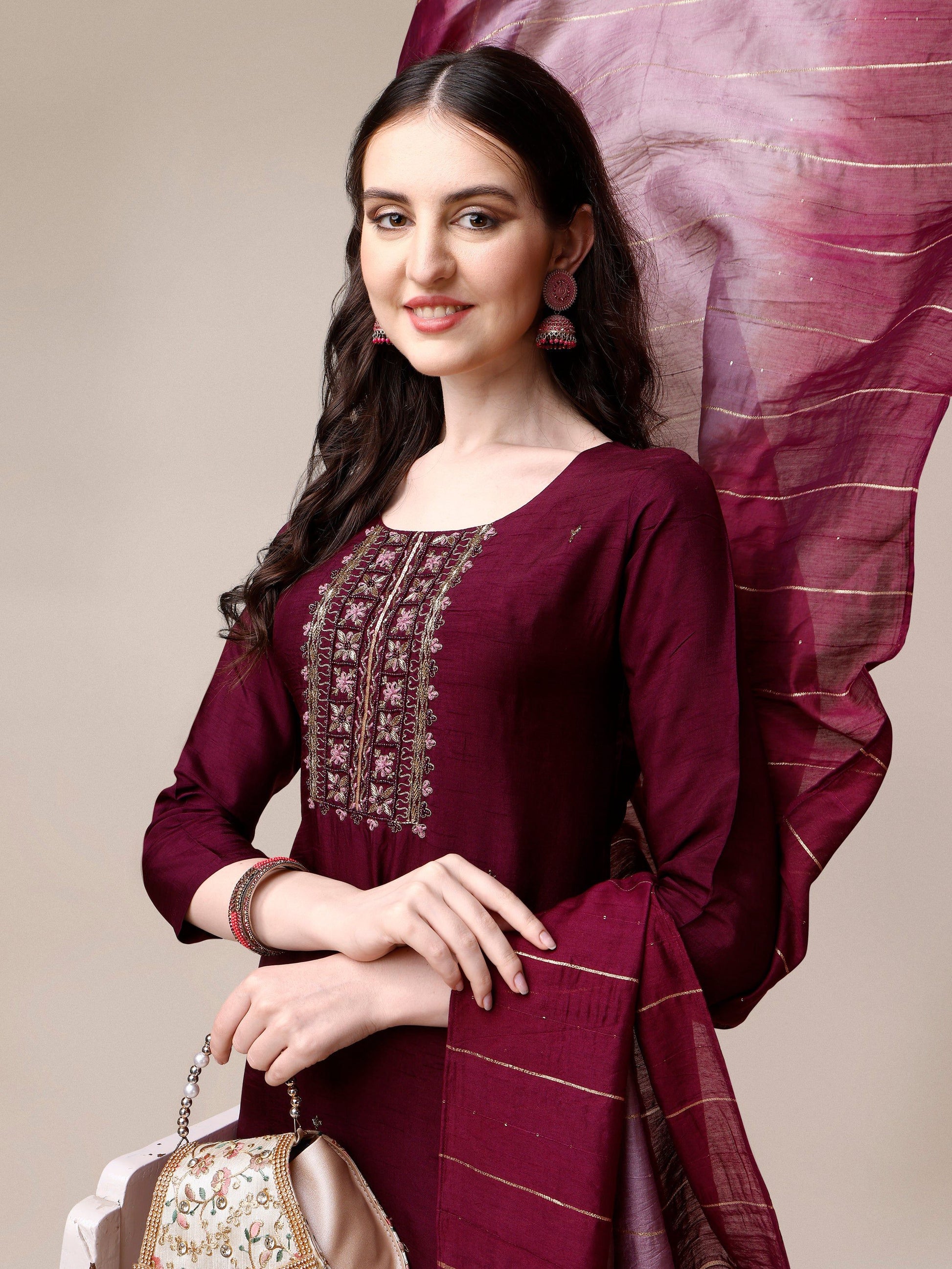 Embroidered Kurta With Pant & Dupatta Set, Multicolor - Hiral Fashion