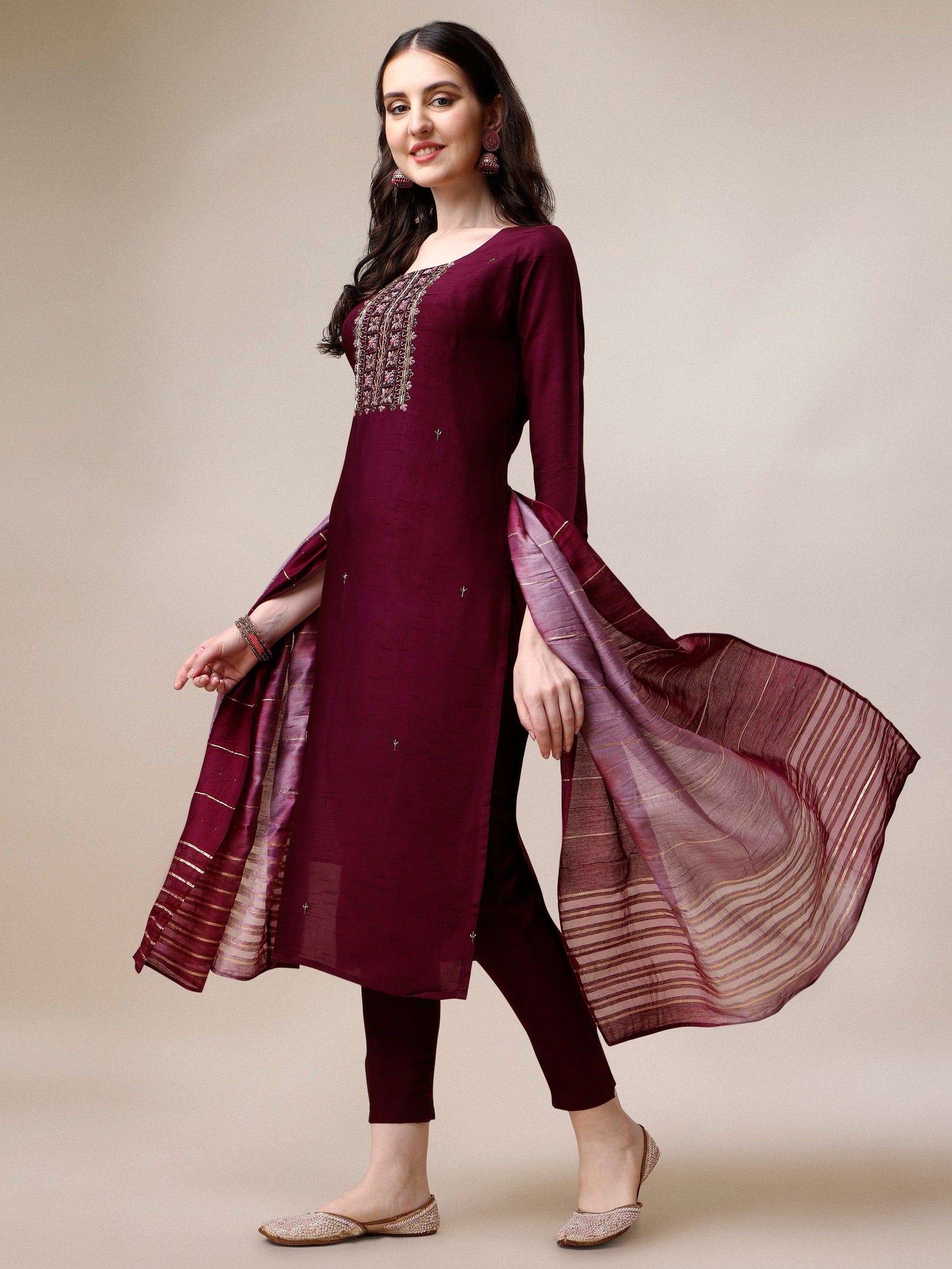 Embroidered Kurta With Pant & Dupatta Set, Multicolor - Hiral Fashion