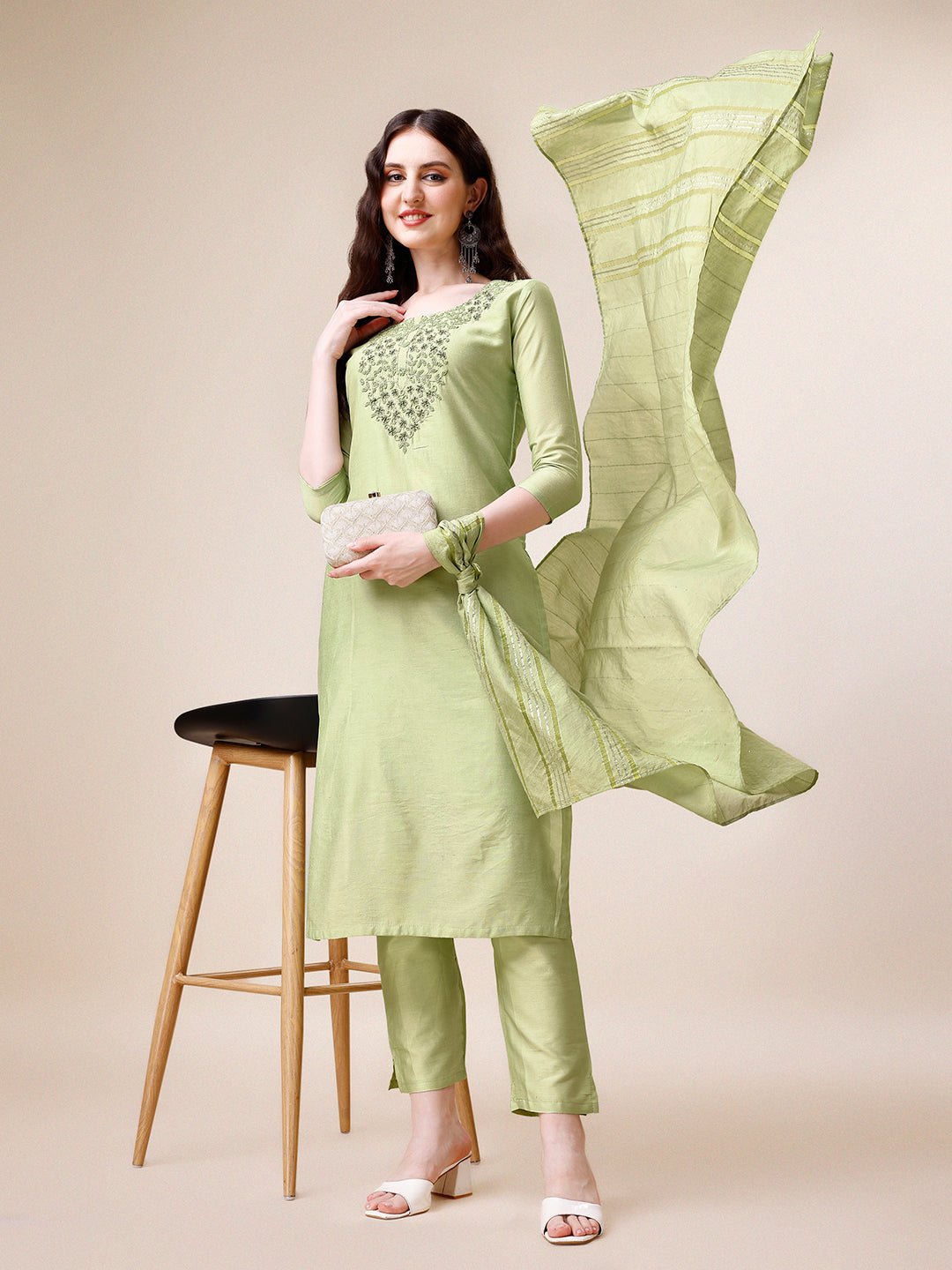 Embroidered Kurta With Pant And Dupatta Set, Multicolor - Hiral Fashion