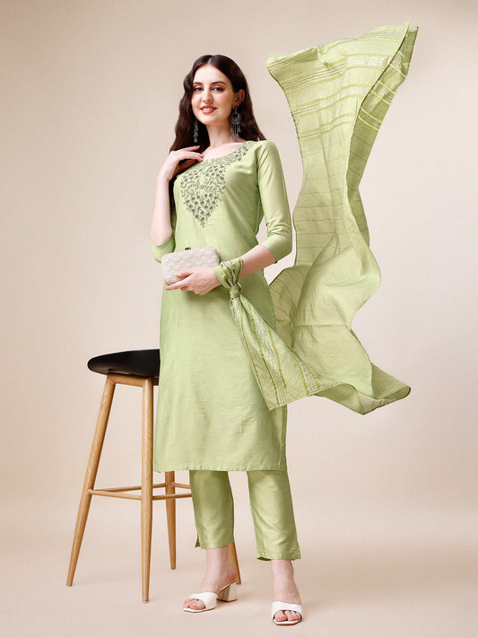 Embroidered Kurta With Pant And Dupatta Set, Multicolor - Hiral Fashion