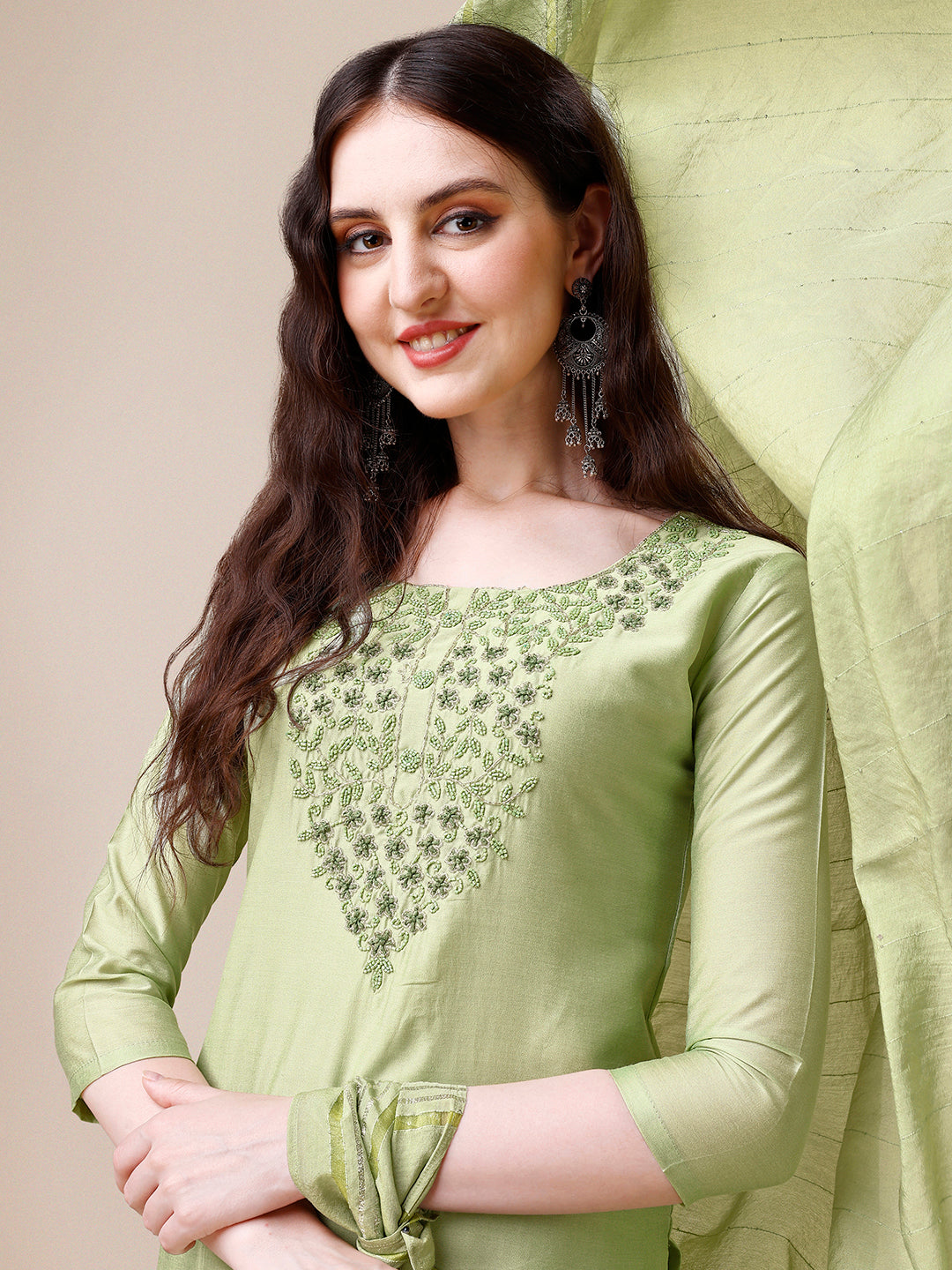 Embroidered Kurta With Pant And Dupatta Set, Multicolor - Hiral Fashion
