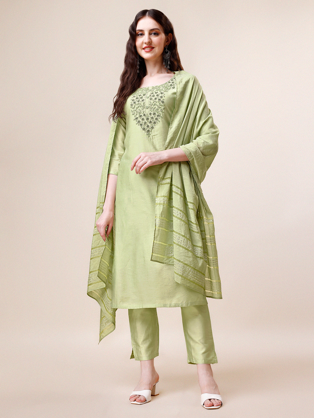 Embroidered Kurta With Pant And Dupatta Set, Multicolor - Hiral Fashion
