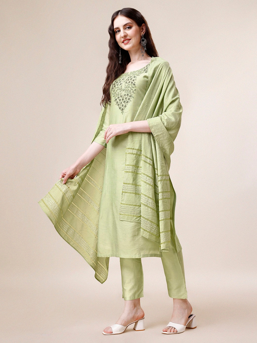 Embroidered Kurta With Pant And Dupatta Set, Multicolor - Hiral Fashion
