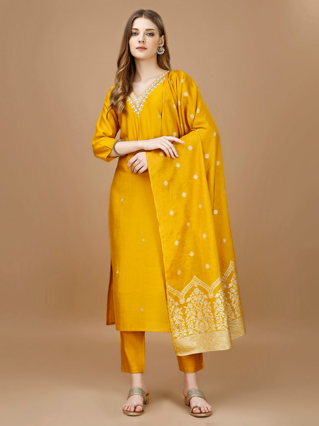Hand Embroidered Kurta With Pant & Banarasi Dupatta Premium, Multicolor - Hiral Fashion