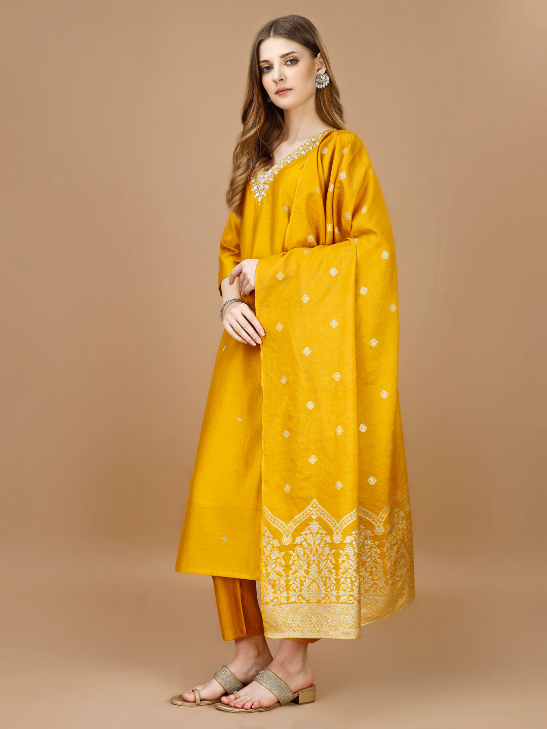 Hand Embroidered Kurta With Pant & Banarasi Dupatta Premium, Multicolor - Hiral Fashion