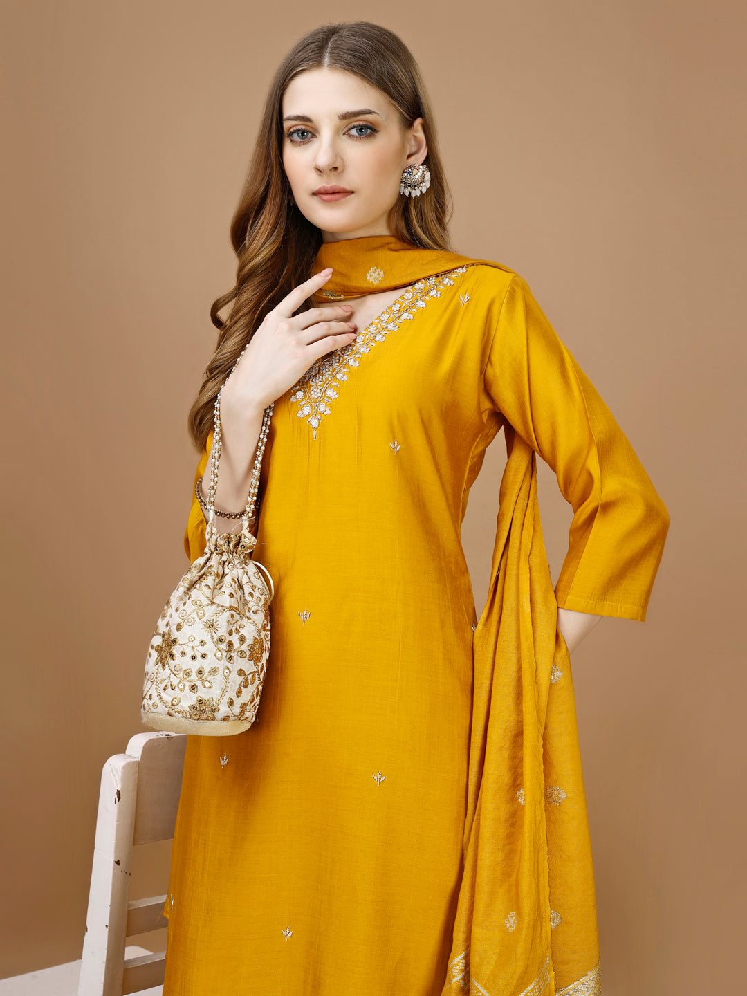 Hand Embroidered Kurta With Pant & Banarasi Dupatta Premium, Multicolor - Hiral Fashion