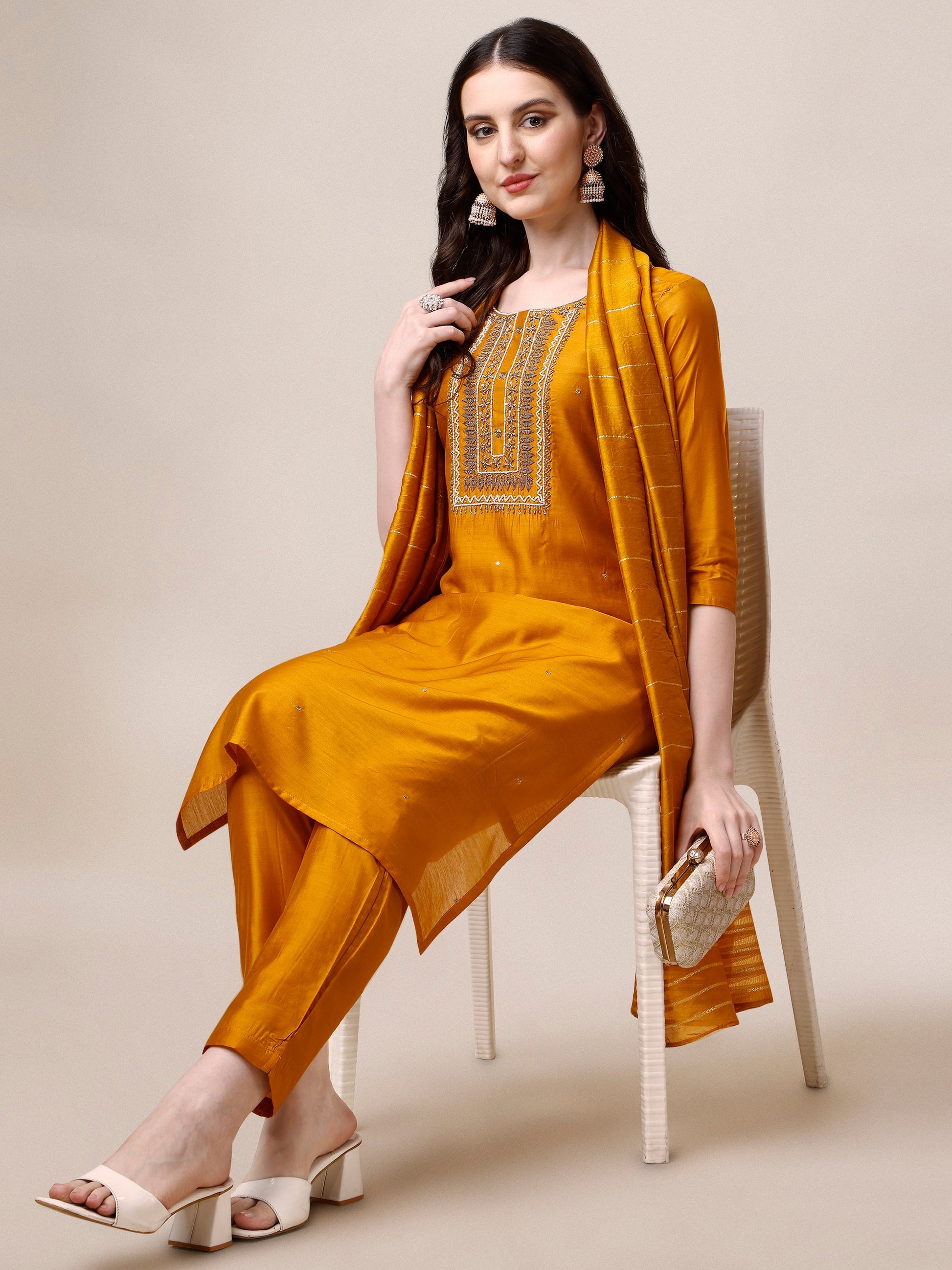 Hand Embroidered Kurta With Pant And Dupatta Set, Multicolor - Hiral Fashion