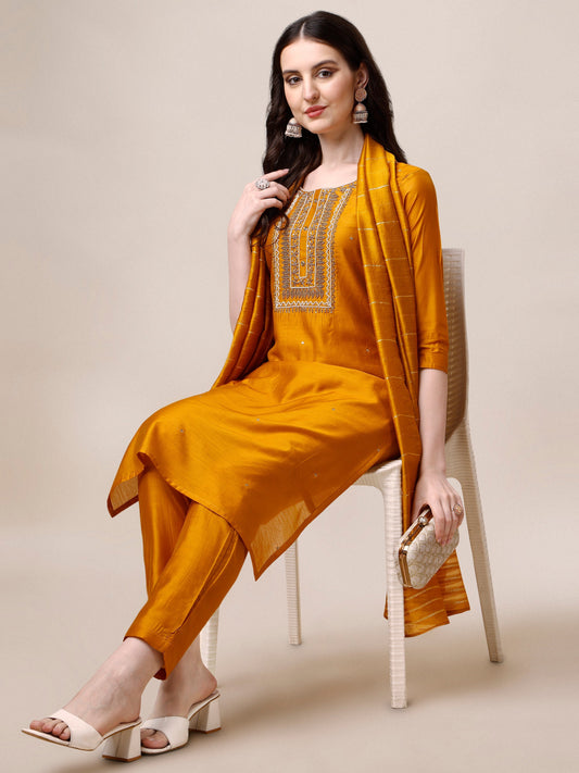Hand Embroidered Kurta With Pant And Dupatta Set, Multicolor - Hiral Fashion