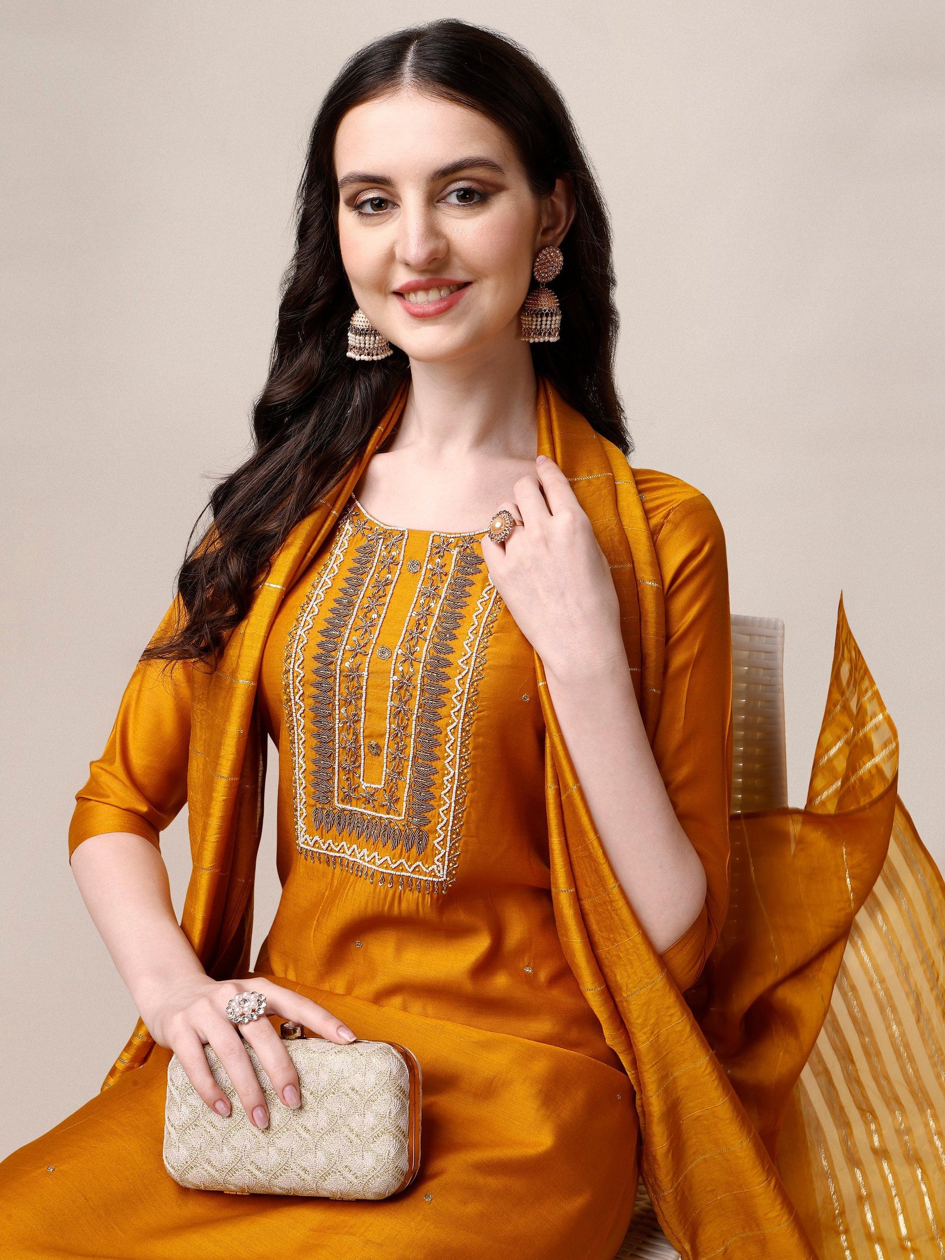 Hand Embroidered Kurta With Pant And Dupatta Set, Multicolor - Hiral Fashion