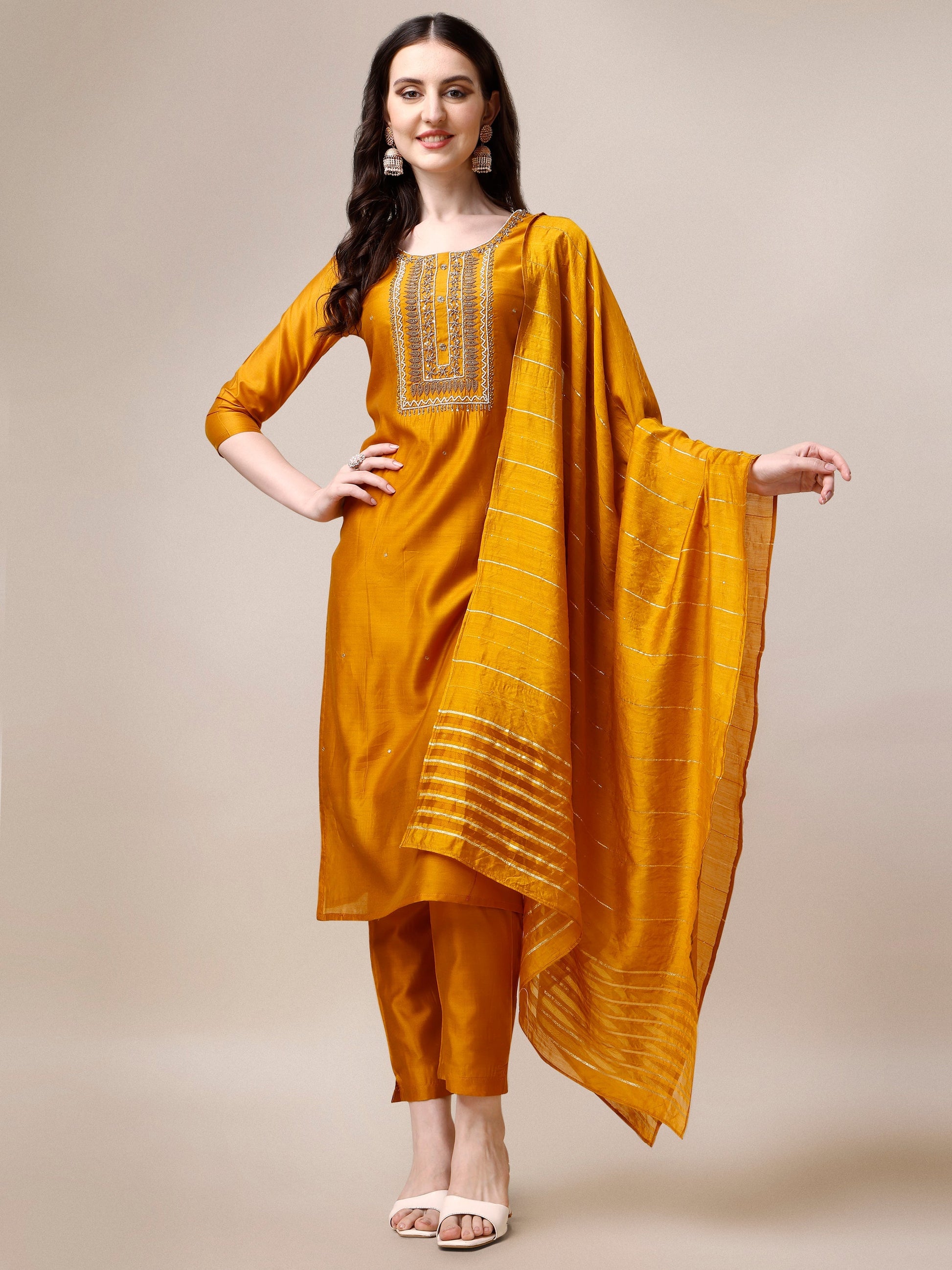 Hand Embroidered Kurta With Pant And Dupatta Set, Multicolor - Hiral Fashion