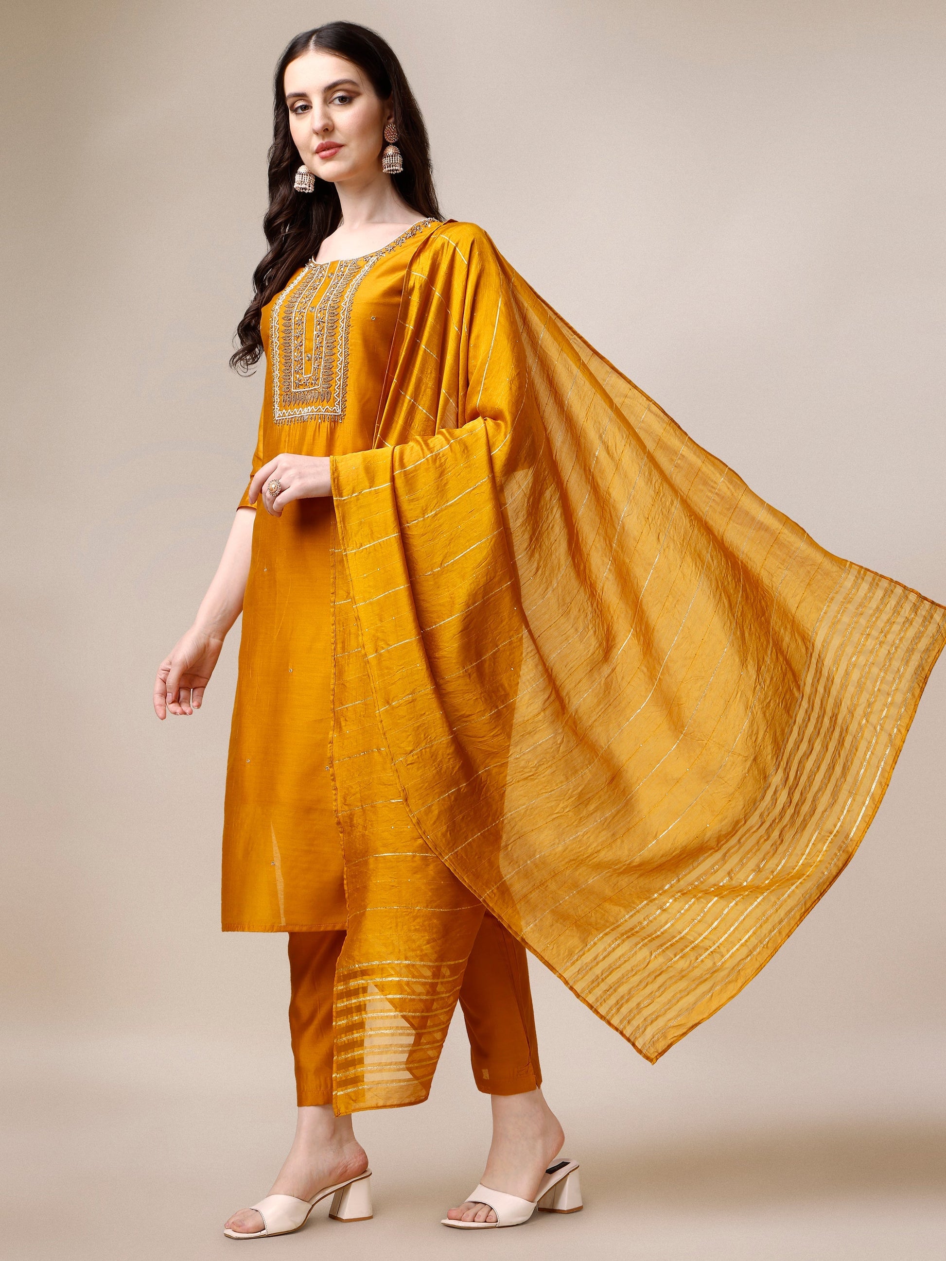 Hand Embroidered Kurta With Pant And Dupatta Set, Multicolor - Hiral Fashion