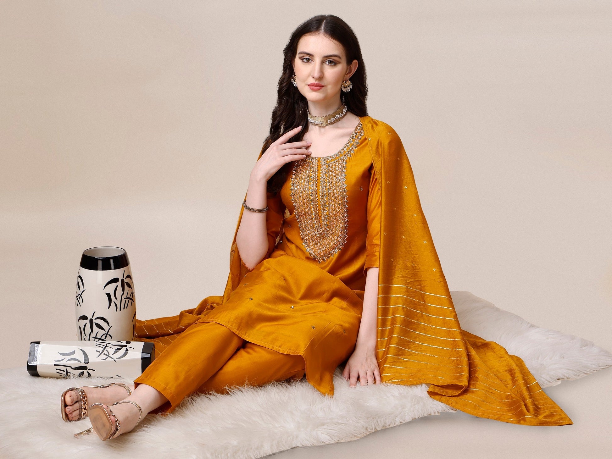 Hand Embroidered Kurta With Pant And Dupatta Set, Multicolor - Hiral Fashion