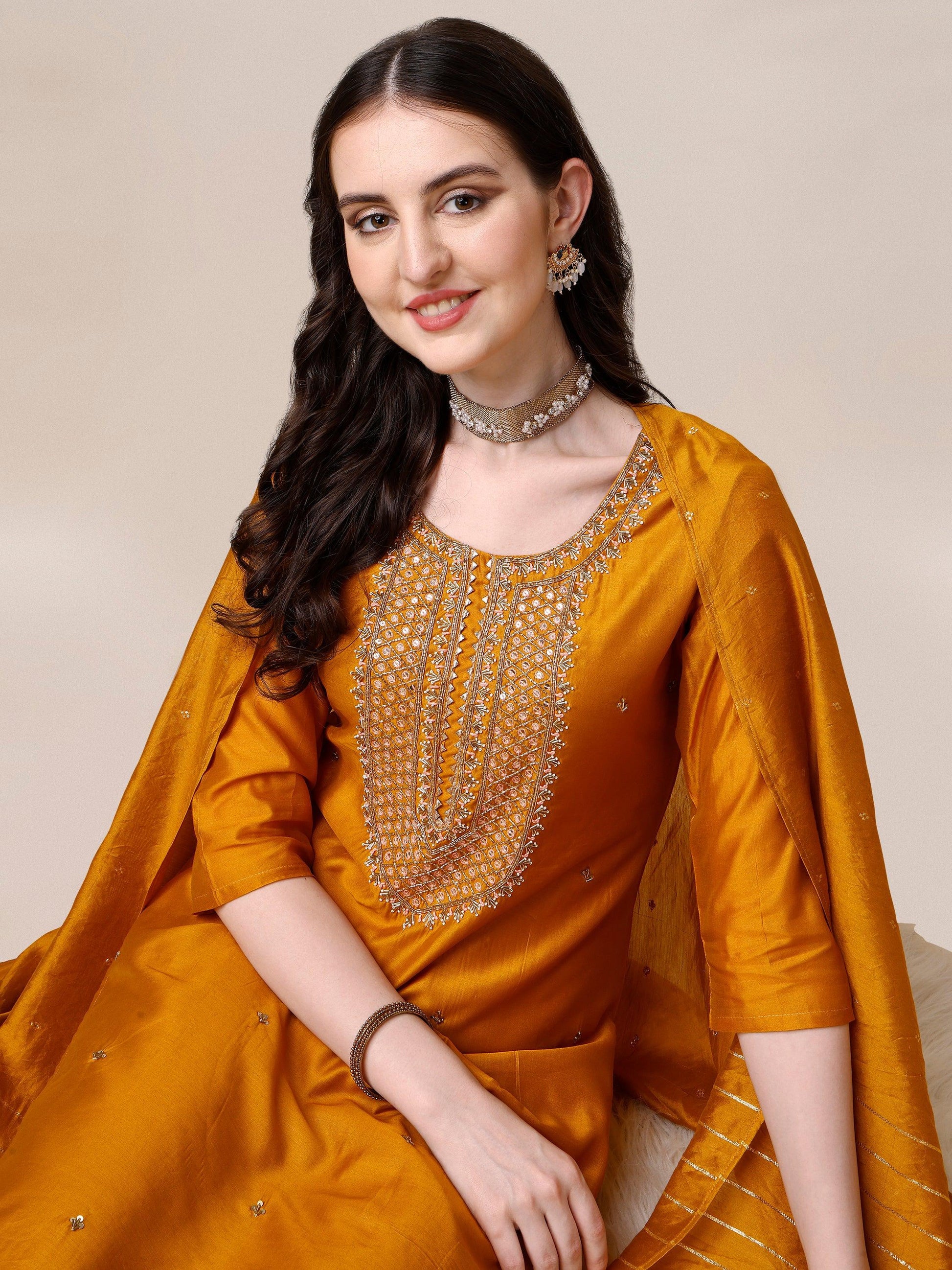 Hand Embroidered Kurta With Pant And Dupatta Set, Multicolor - Hiral Fashion