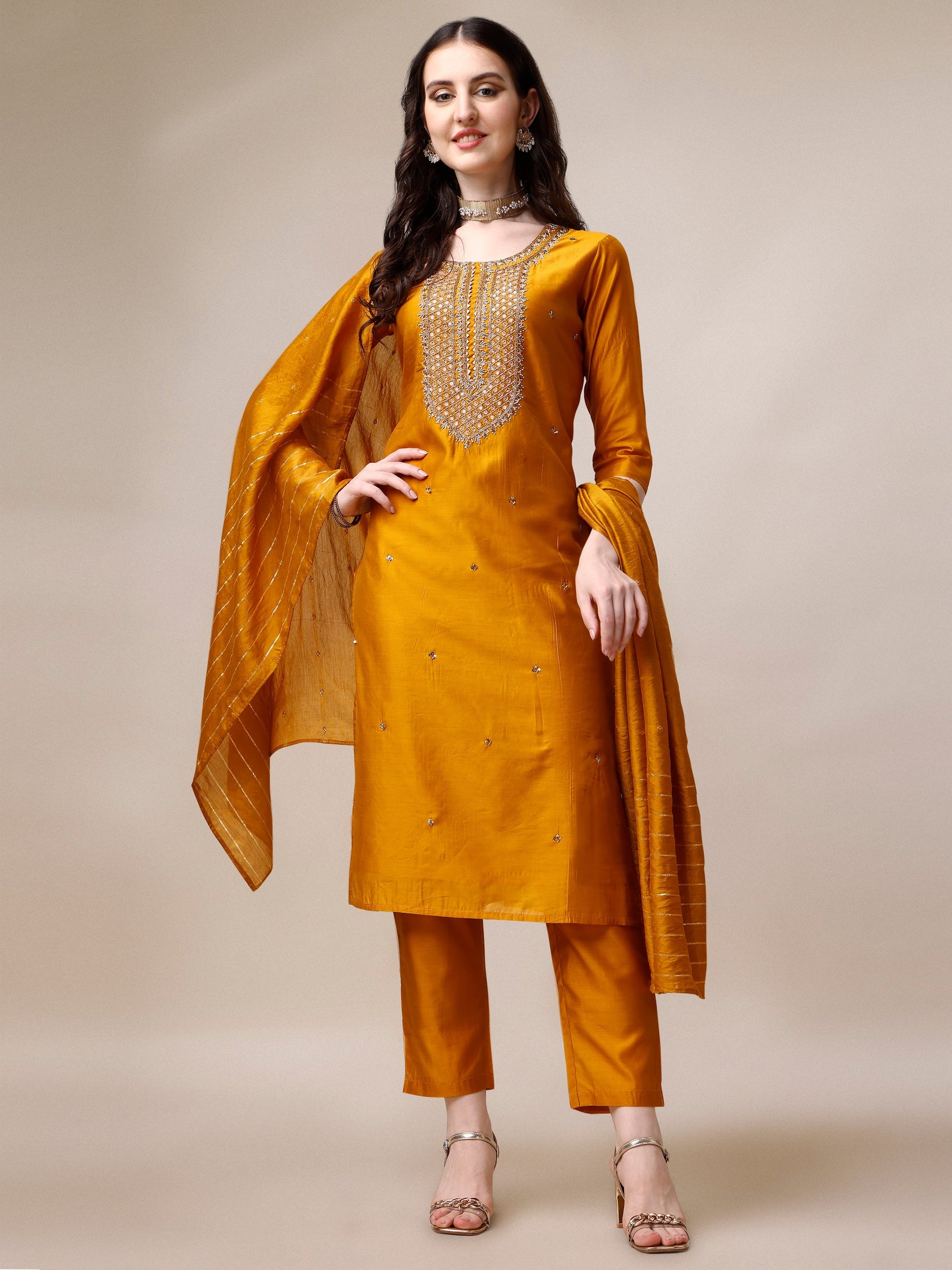 Hand Embroidered Kurta With Pant And Dupatta Set, Multicolor - Hiral Fashion