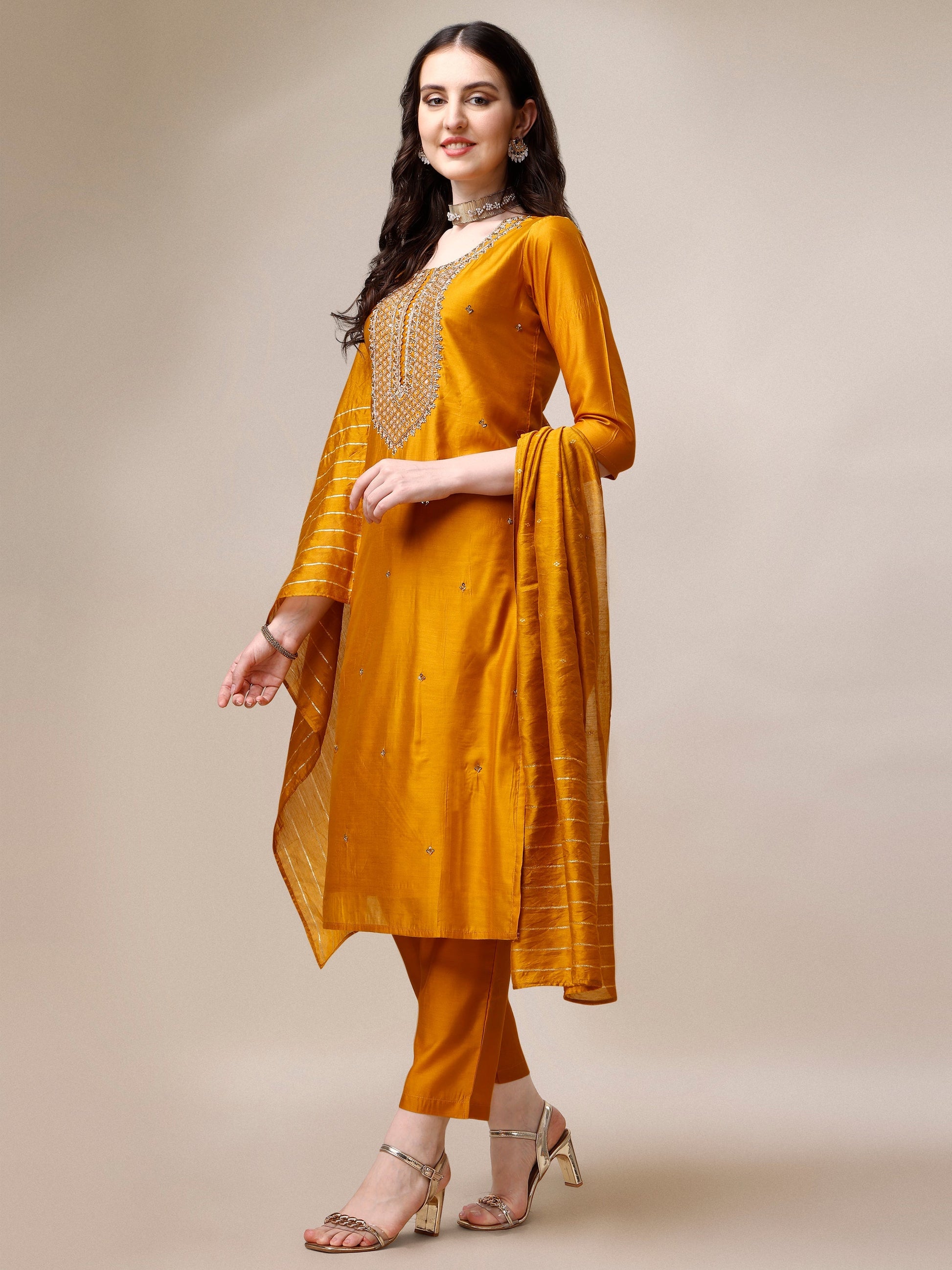 Hand Embroidered Kurta With Pant And Dupatta Set, Multicolor - Hiral Fashion