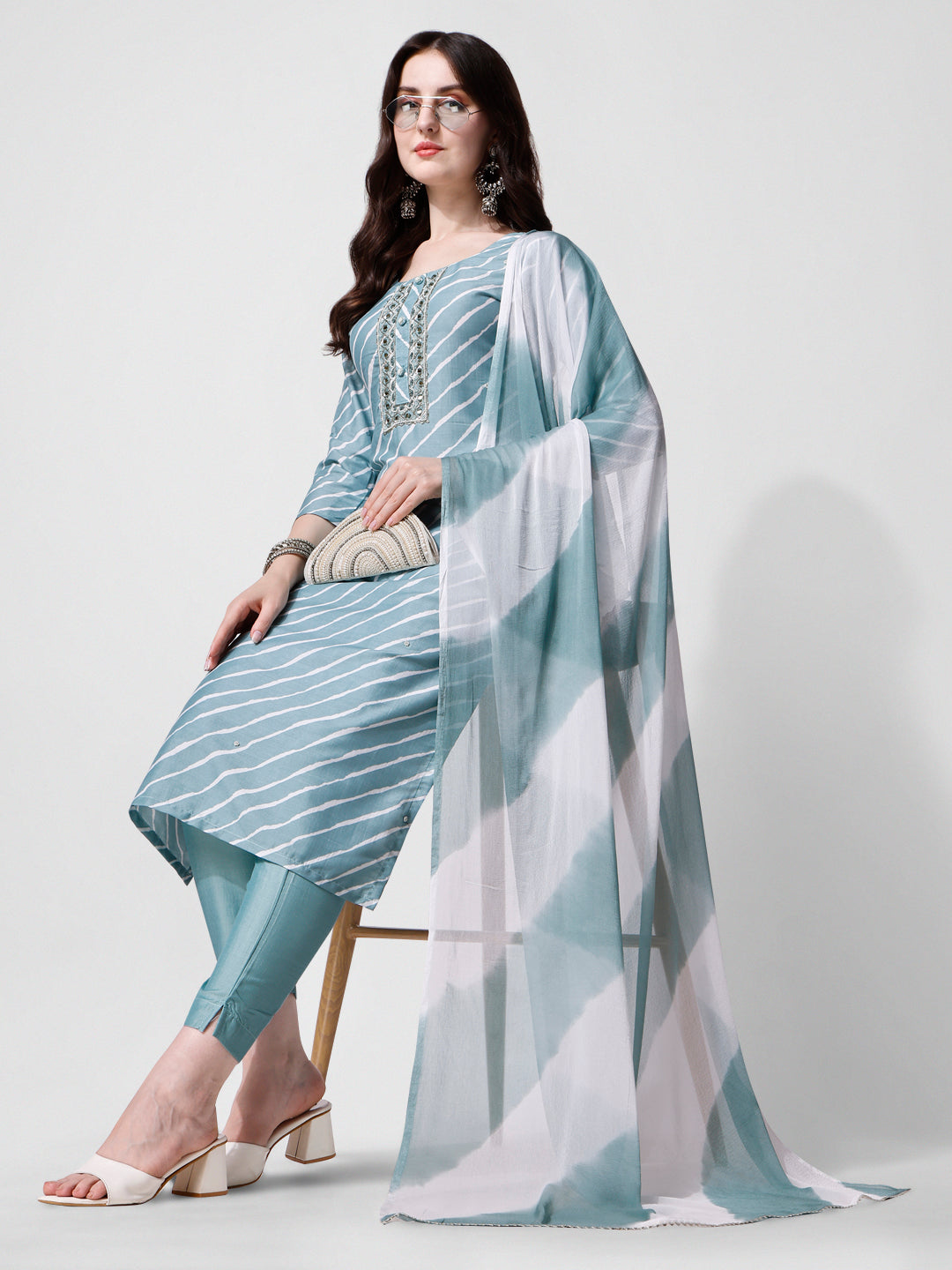 Leheriya Printed & Embroidered Kurta With Pant & Dupatta Set, Multicolor - Hiral Fashion