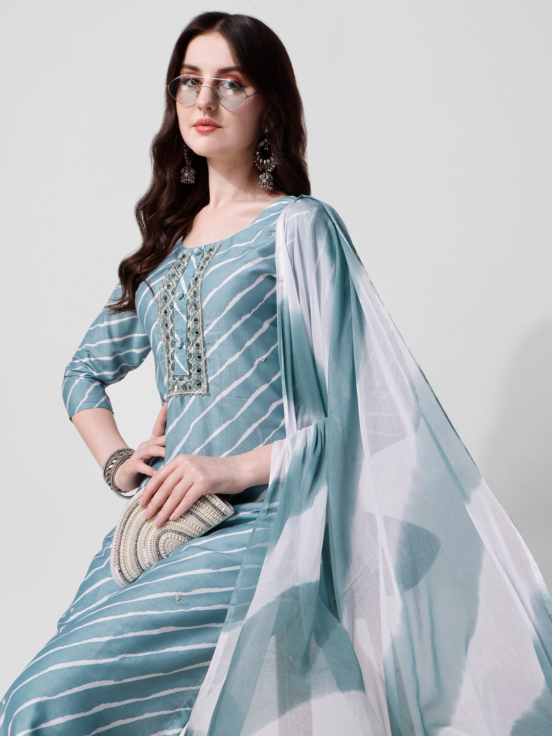 Leheriya Printed & Embroidered Kurta With Pant & Dupatta Set, Multicolor - Hiral Fashion