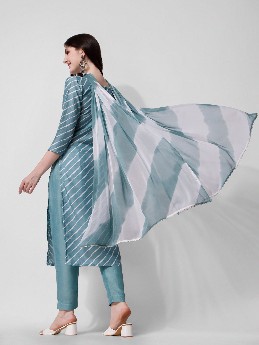 Leheriya Printed & Embroidered Kurta With Pant & Dupatta Set, Multicolor - Hiral Fashion