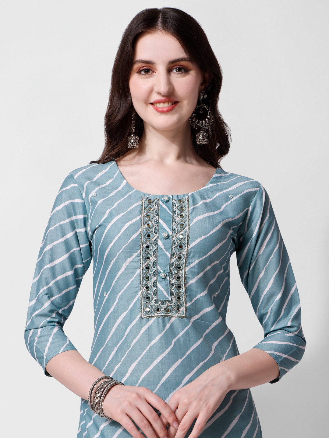 Leheriya Printed & Embroidered Kurta With Pant & Dupatta Set, Multicolor - Hiral Fashion