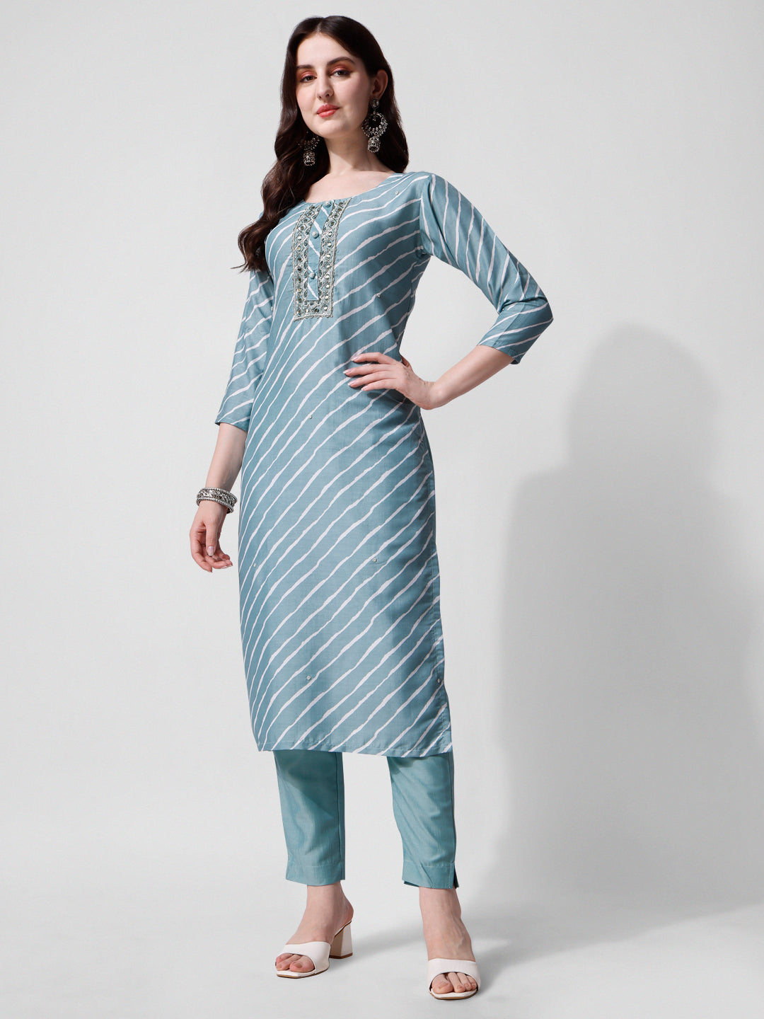 Leheriya Printed & Embroidered Kurta With Pant & Dupatta Set, Multicolor - Hiral Fashion