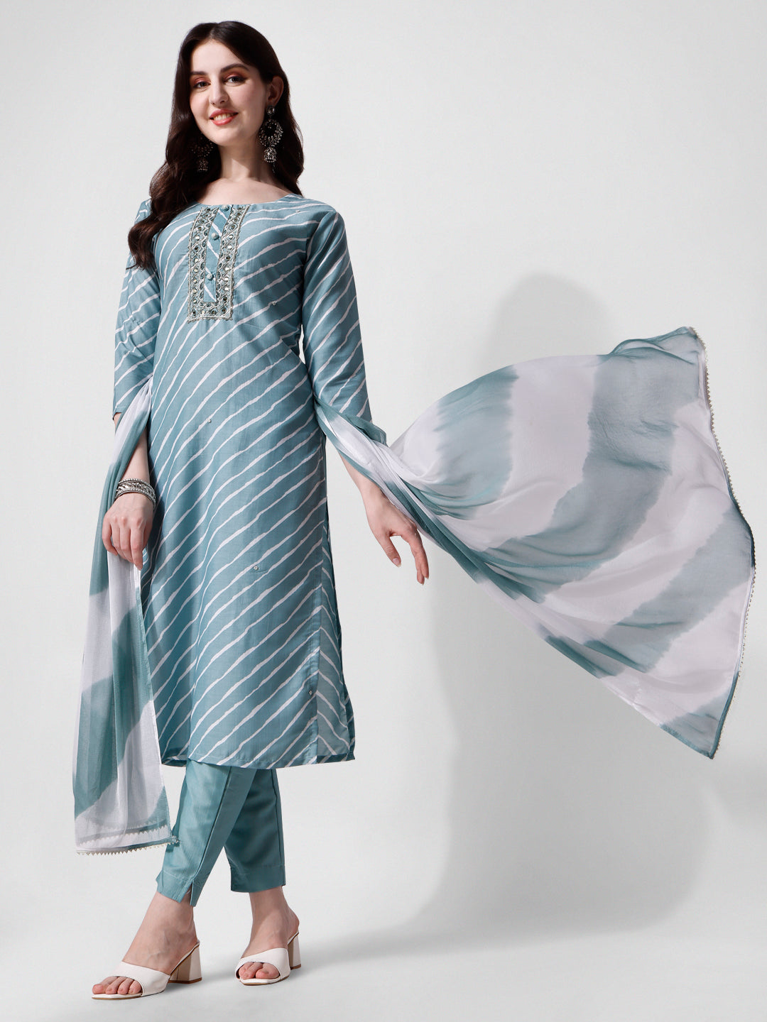 Leheriya Printed & Embroidered Kurta With Pant & Dupatta Set, Multicolor - Hiral Fashion