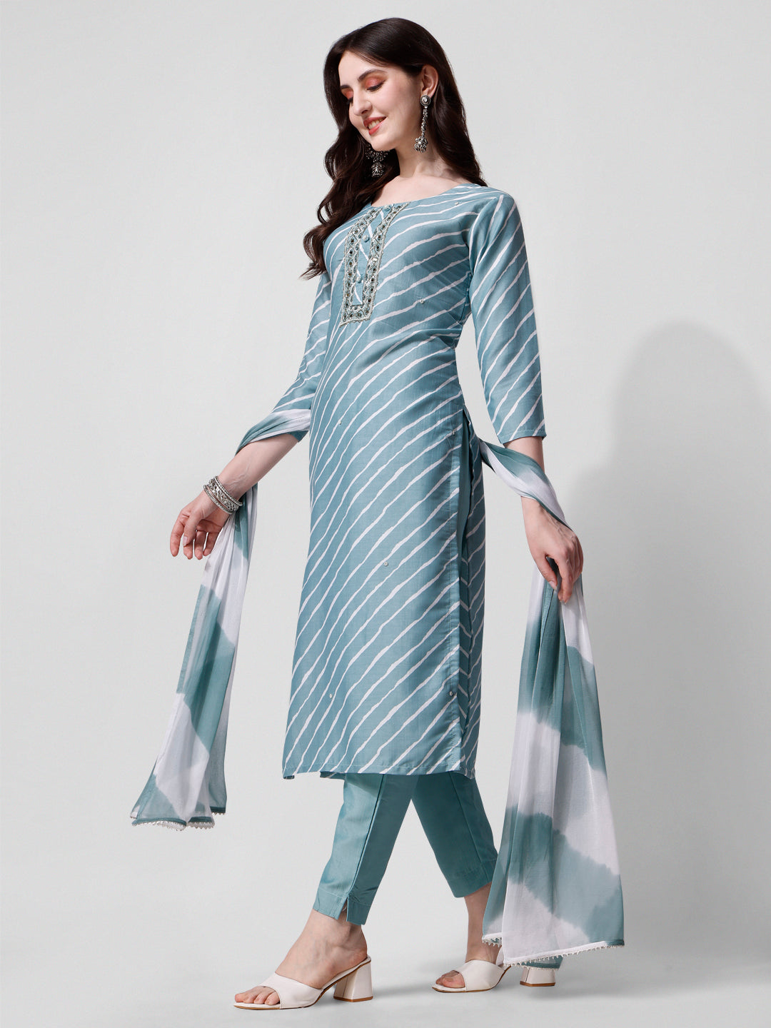 Leheriya Printed & Embroidered Kurta With Pant & Dupatta Set, Multicolor - Hiral Fashion