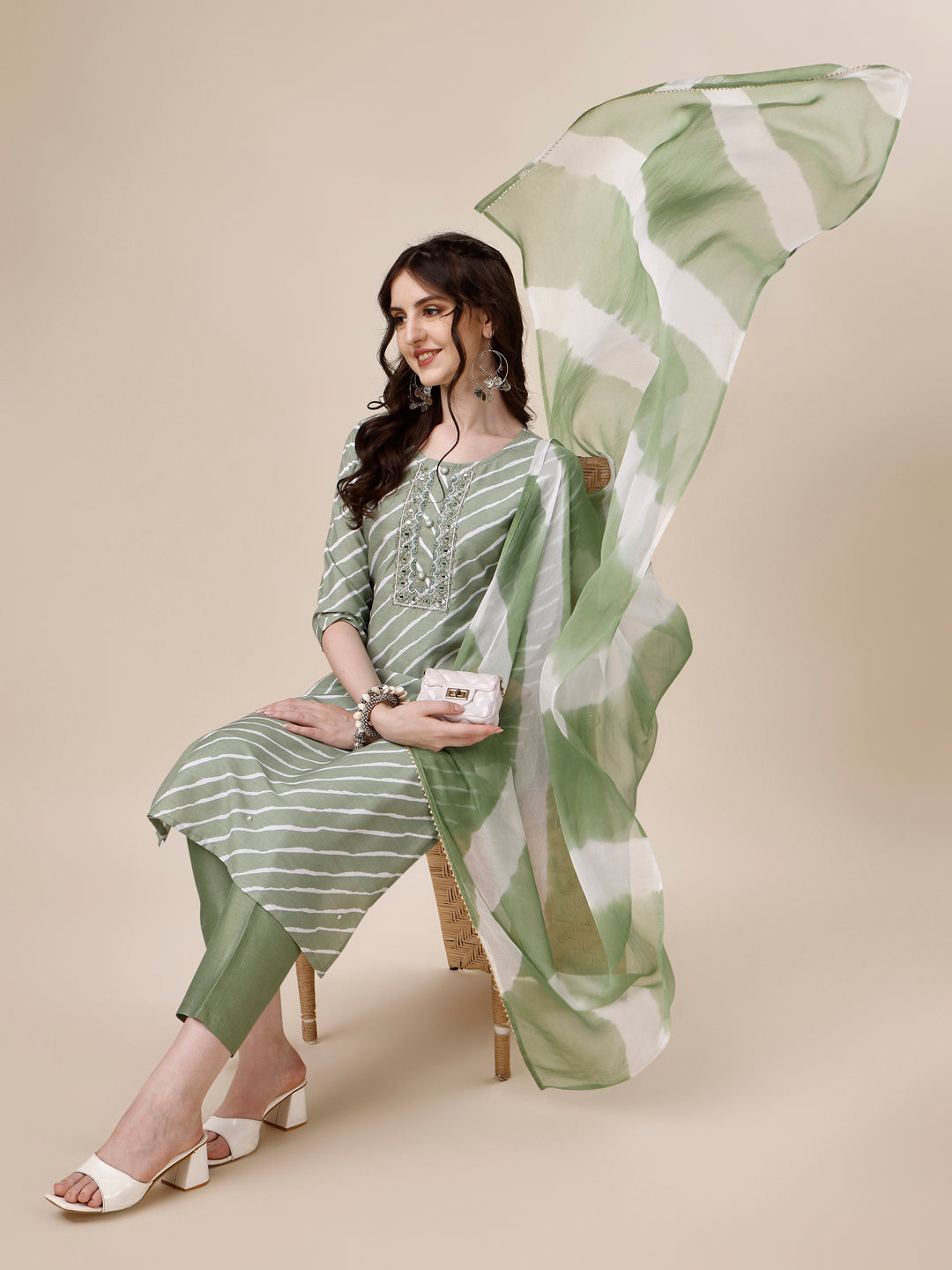 Embroidered & Leheriya Kurta With Pant And Dupatta Set, Multicolor - Hiral Fashion