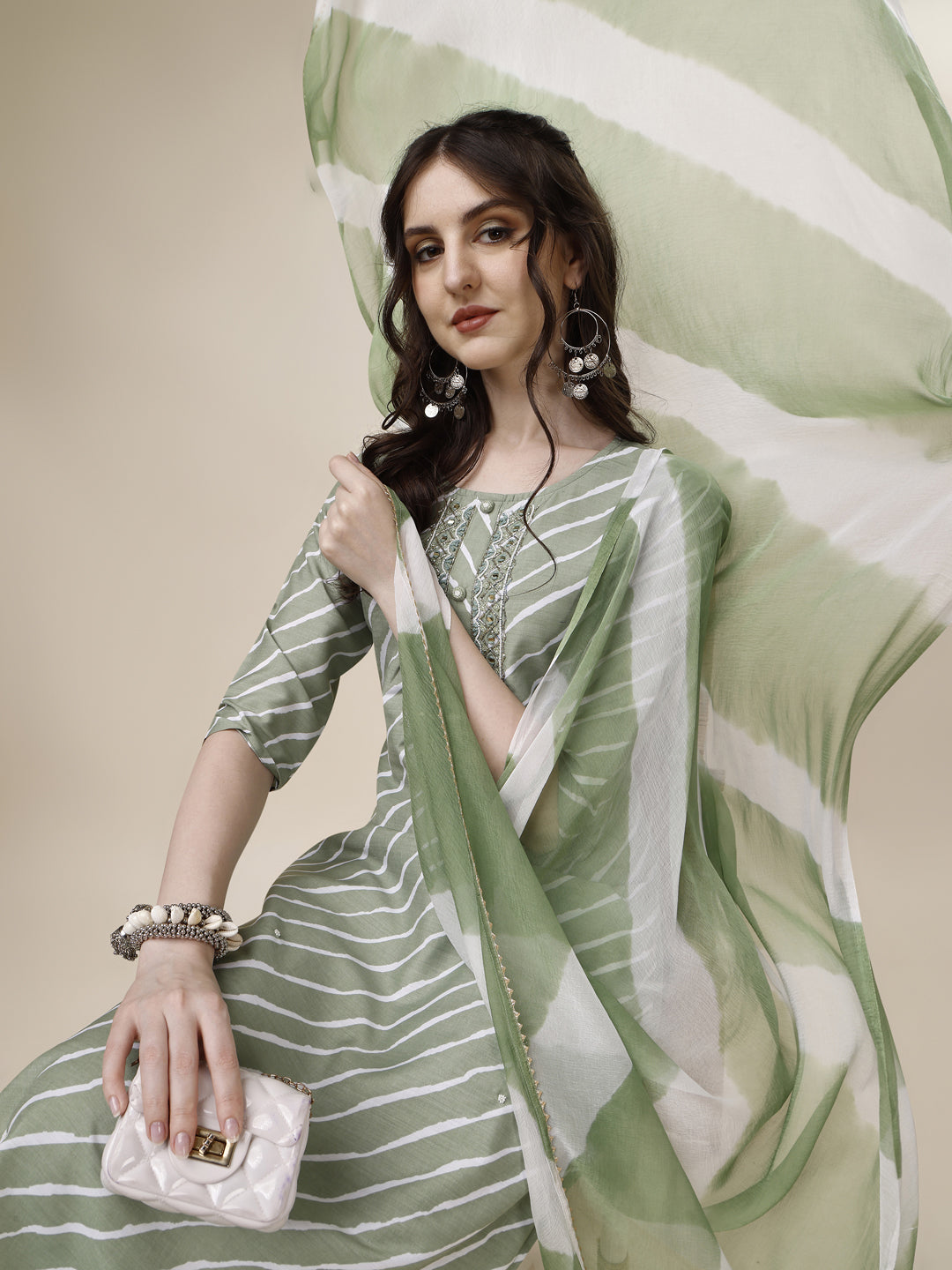 Embroidered & Leheriya Kurta With Pant And Dupatta Set, Multicolor - Hiral Fashion