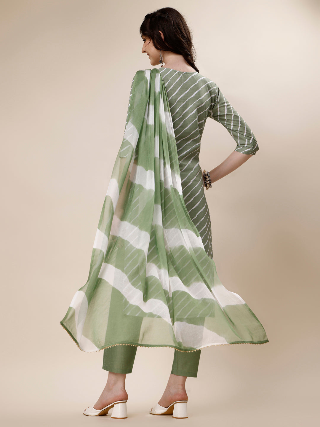 Embroidered & Leheriya Kurta With Pant And Dupatta Set, Multicolor - Hiral Fashion