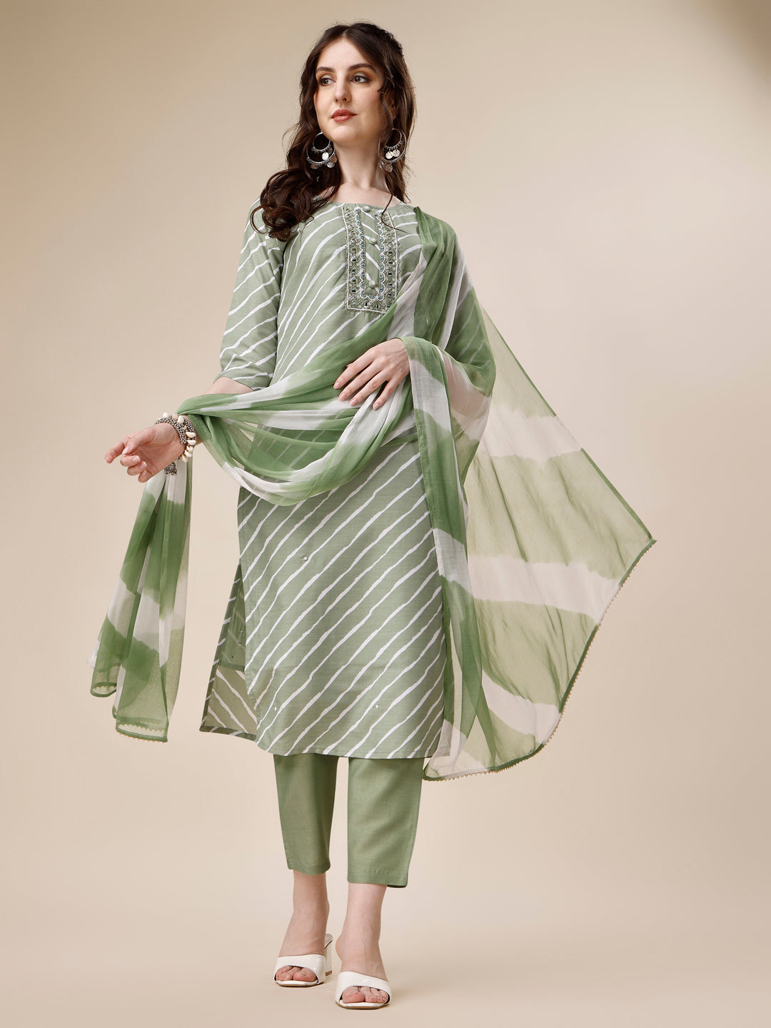 Embroidered & Leheriya Kurta With Pant And Dupatta Set, Multicolor - Hiral Fashion