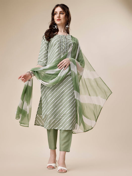 Embroidered & Leheriya Kurta With Pant And Dupatta Set, Multicolor - Hiral Fashion