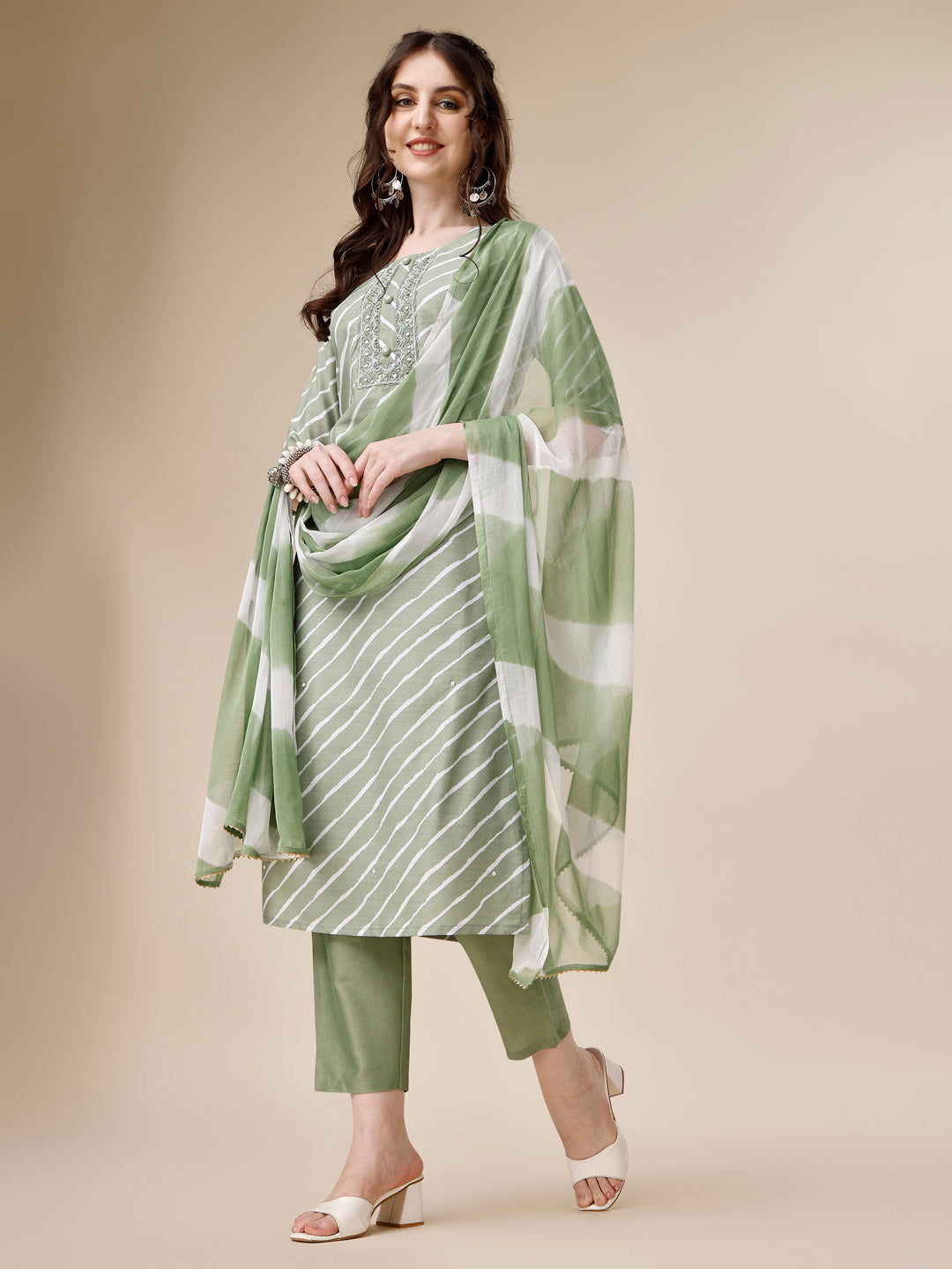 Embroidered & Leheriya Kurta With Pant And Dupatta Set, Multicolor - Hiral Fashion