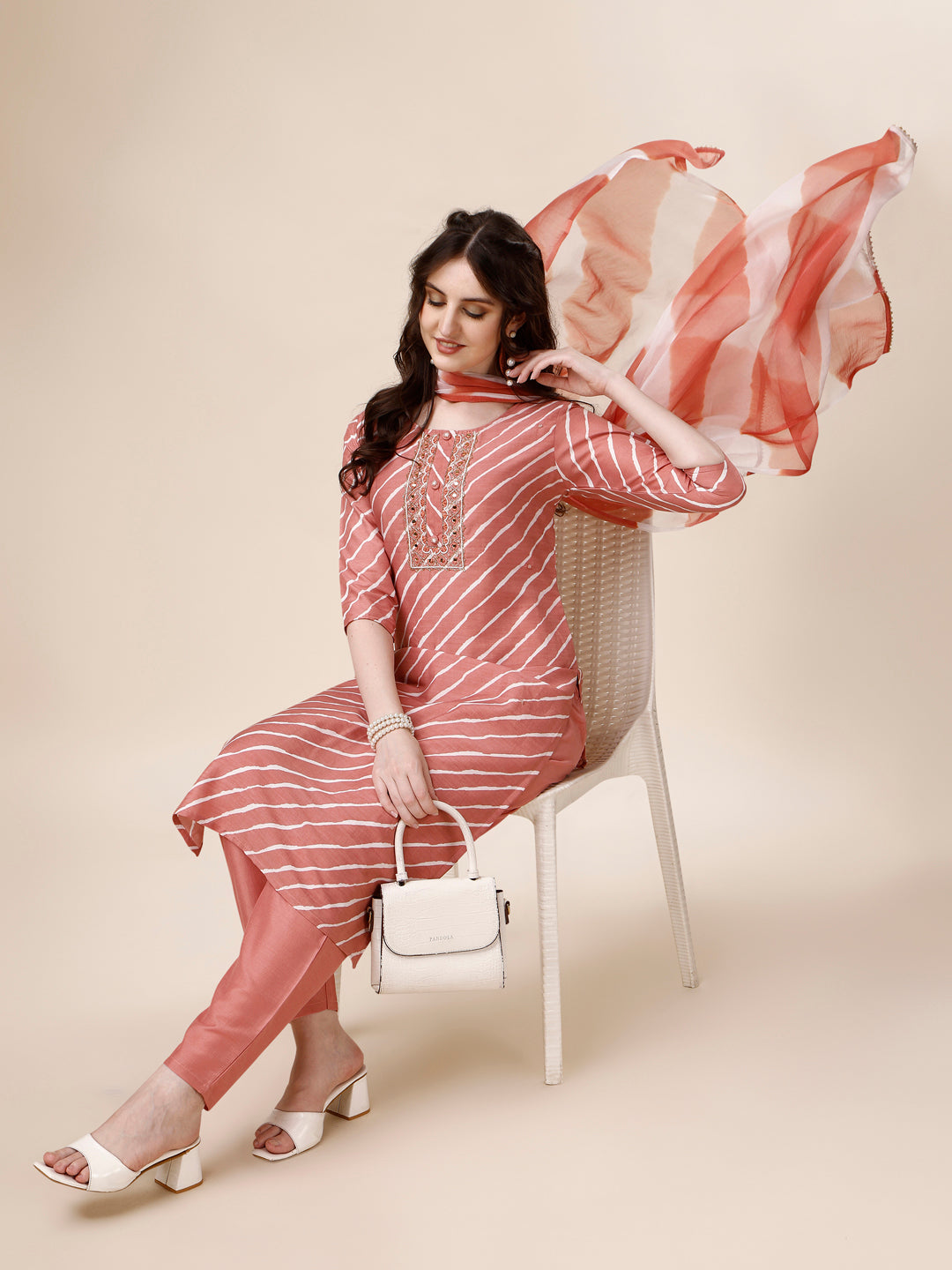 Embroidered & Leheriya Kurta With Pant And Dupatta Set, Multicolor - Hiral Fashion