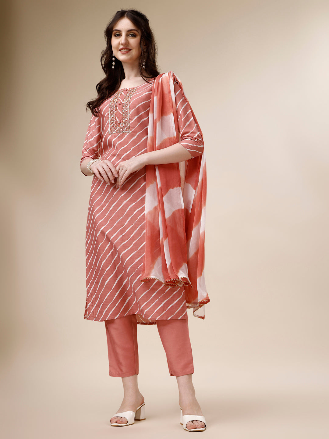 Embroidered & Leheriya Kurta With Pant And Dupatta Set, Multicolor - Hiral Fashion