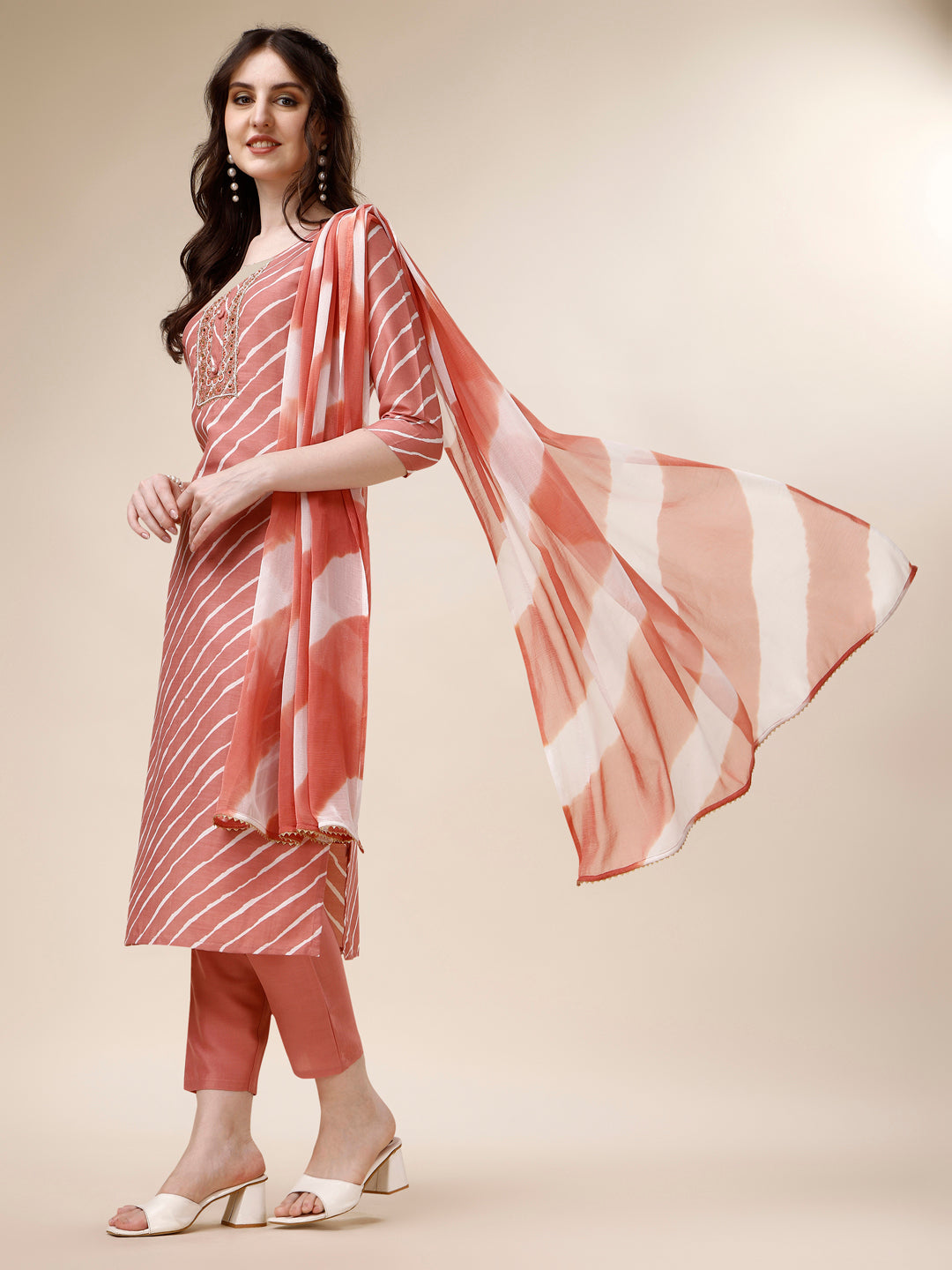 Embroidered & Leheriya Kurta With Pant And Dupatta Set, Multicolor - Hiral Fashion