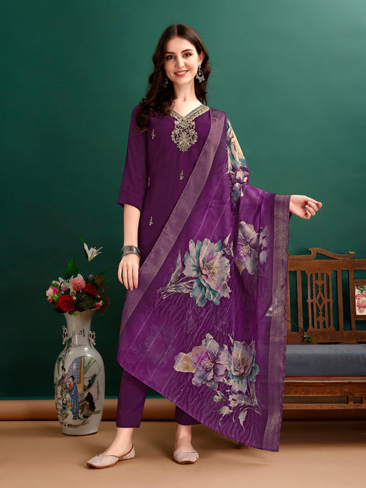 Hand Embroidered Kurta With Pant & Organza Printed Dupatta Premium, Multicolor - Hiral Fashion