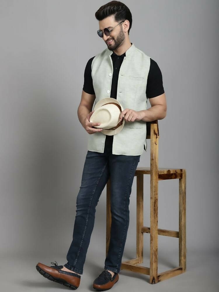 Even Apparels Nehru Jacket With Welt Pockets - Green 
