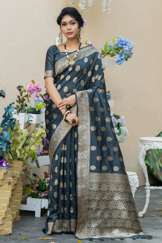 Vishnu Weaves Women's Grey Banarasi Silk Floral Zari Woven Grab2Buy with Unstitched Blouse 