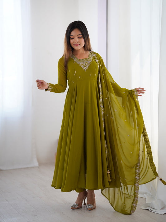 Lorenvalley Mahendi Faux Georgette Fancy Embroidery Beads And Jari Work Anarkali Kurta Palazzo With Dupatta Set
