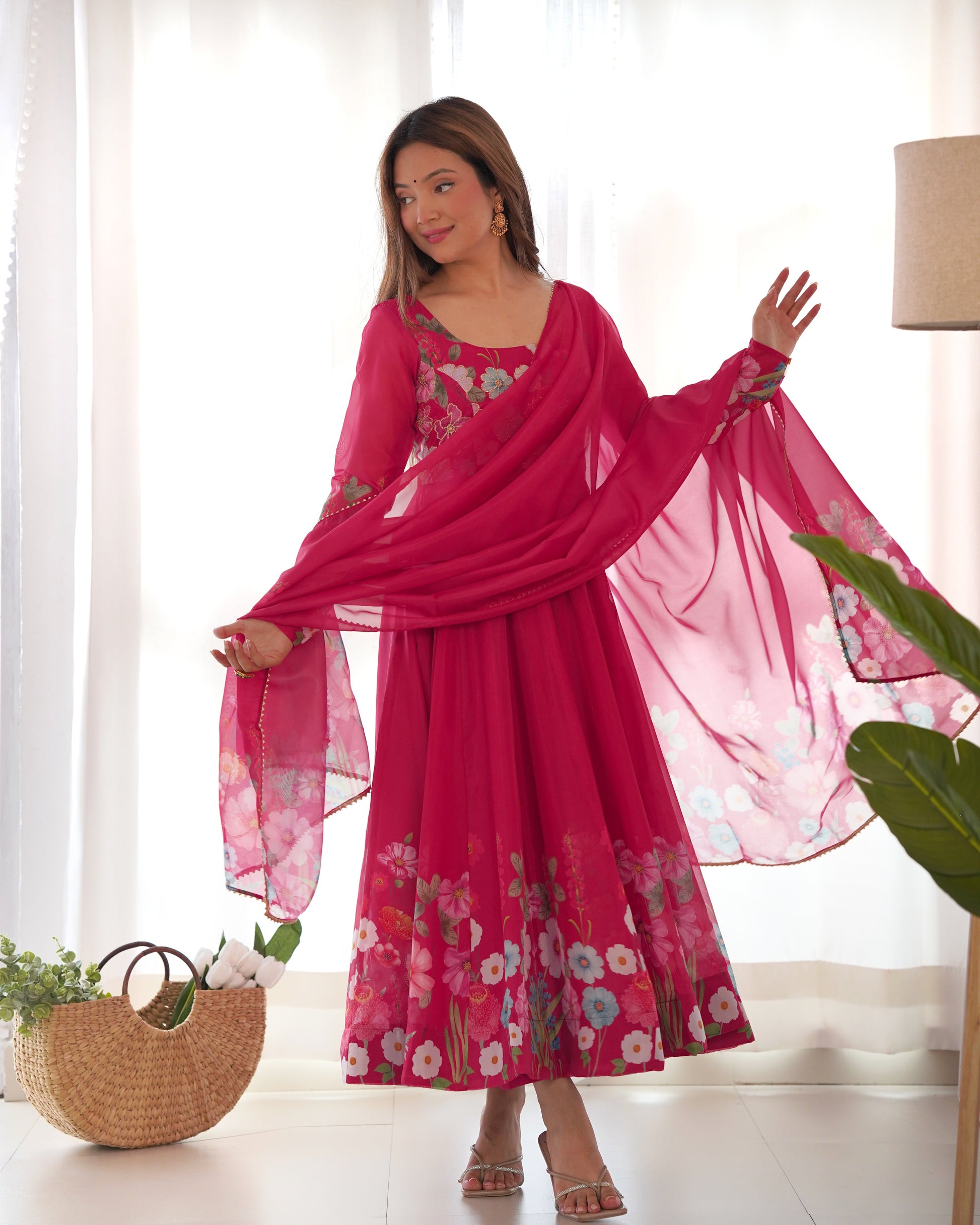 Lorenvalley Parrot Soft Organza Silk With Floral Print Fully Flared Anarkali Pant With Dupatta Set - Magenta 