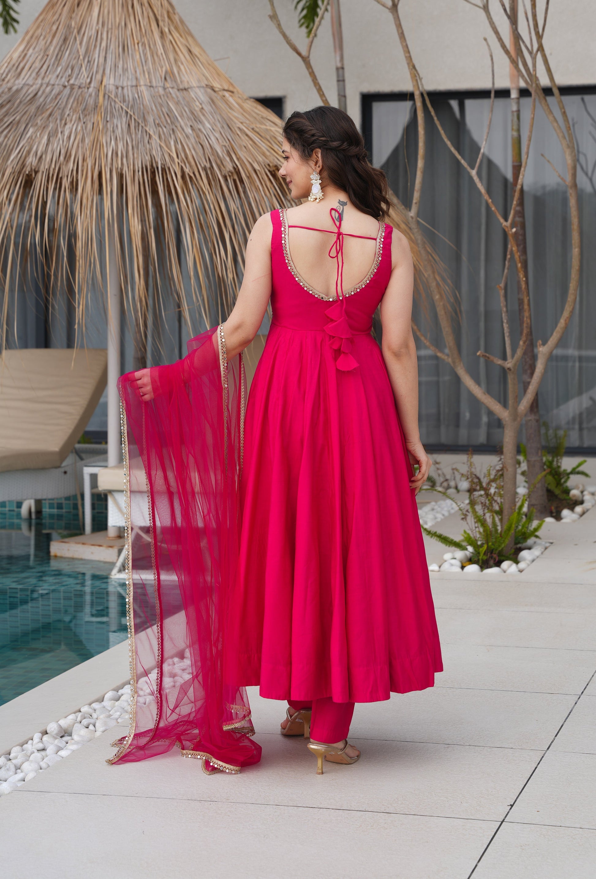 Lorenvalley Magenta Pure Romansilk Chanderi Fabric Yoke Fancy Lace Work Anarkali Kurta Pant With Dupatta Set 